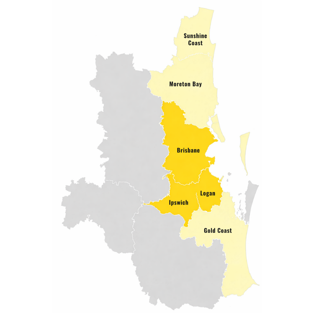 South East Queensland map showing the six regions Position One services: Brisbane, Ipswich, Logan, Moreton Bay, Sunshine Coast, and Gold Coast.